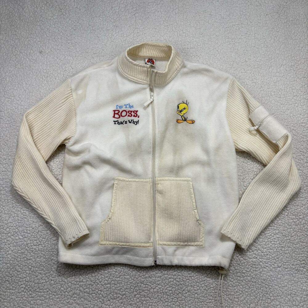 VINTAGE Looney Tunes Tweety Bird Fleece Zip Sweater Jacket Beige Ivory Womens L